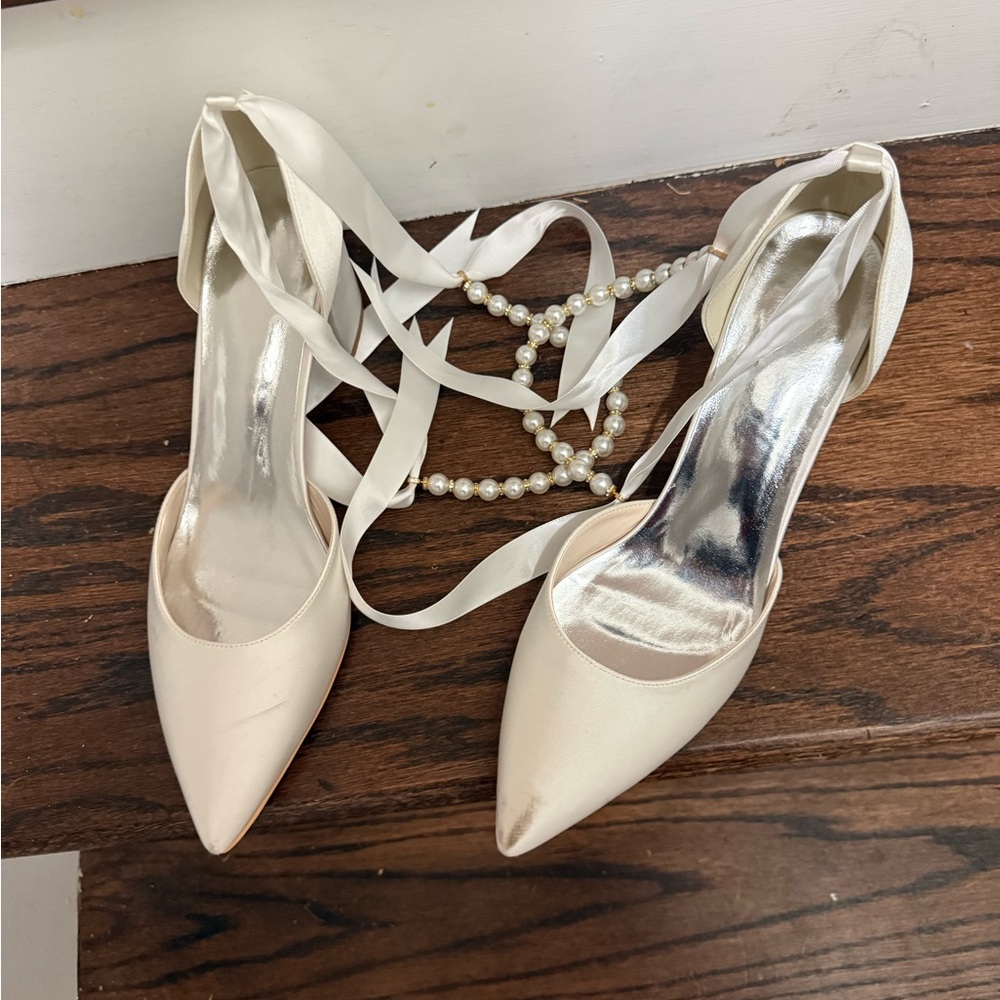 JJs House Cream Satin Heels with Ribbon